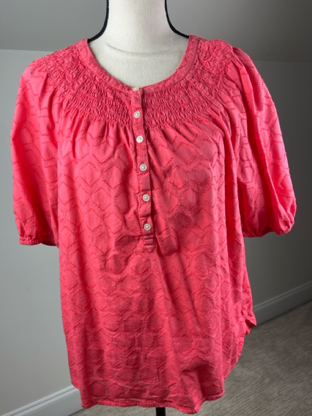 LOFT Coral Pink Smocked Puff Sleeve Blouse Women’s Large